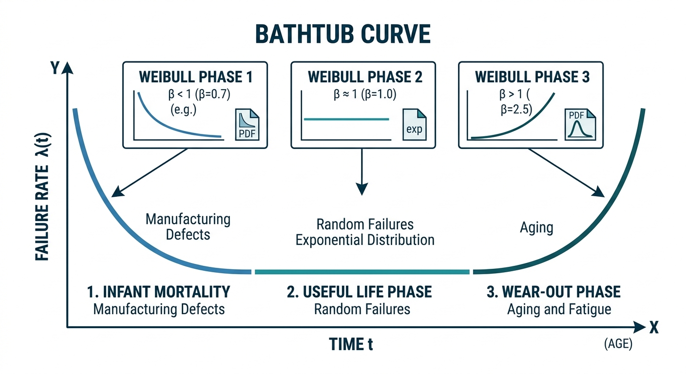 Figure 3: Bathtub curve relationship to Weibull phases