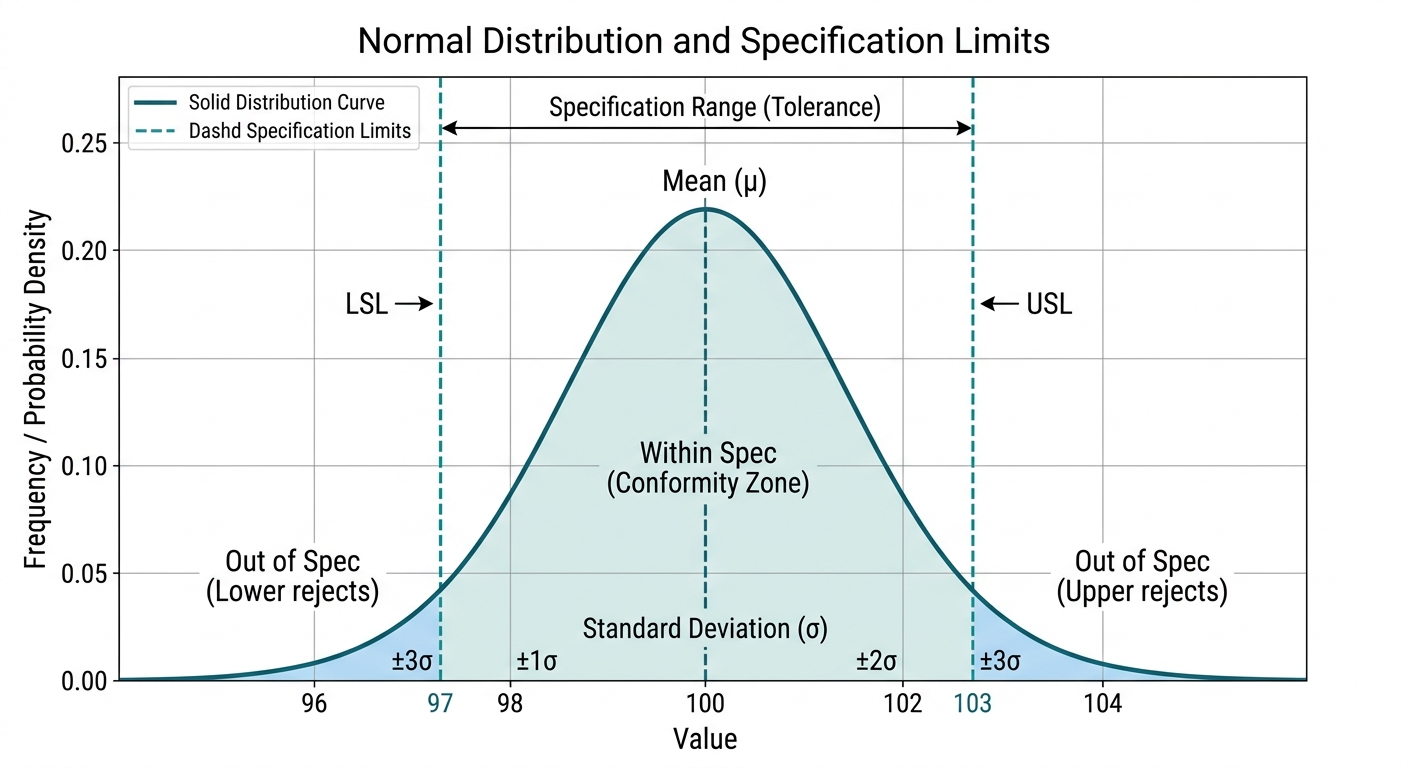 Figure 1: Normal distribution and specification limits