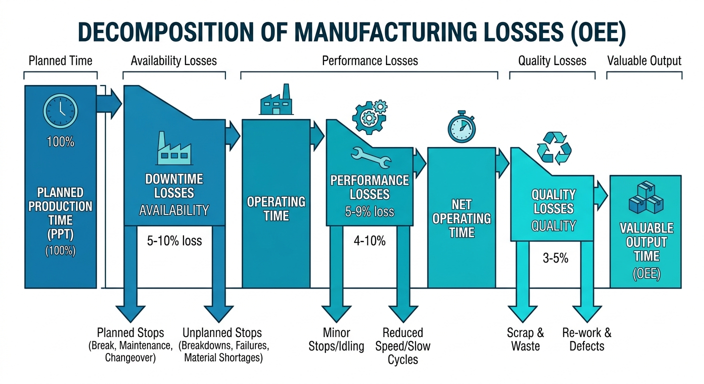 Figure 1: Decomposition of manufacturing losses from planned time to valuable output