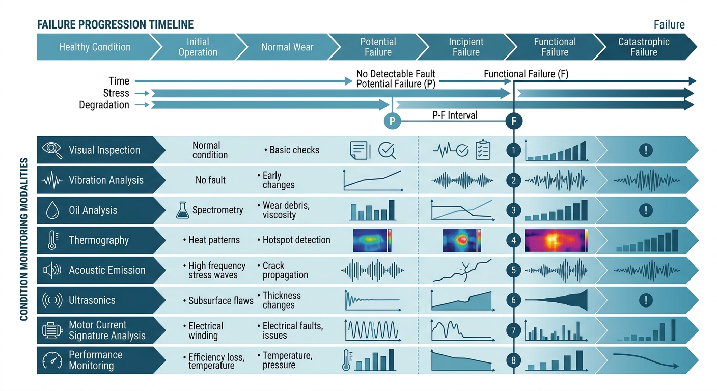 Figure 1: Condition monitoring modalities across failure progression