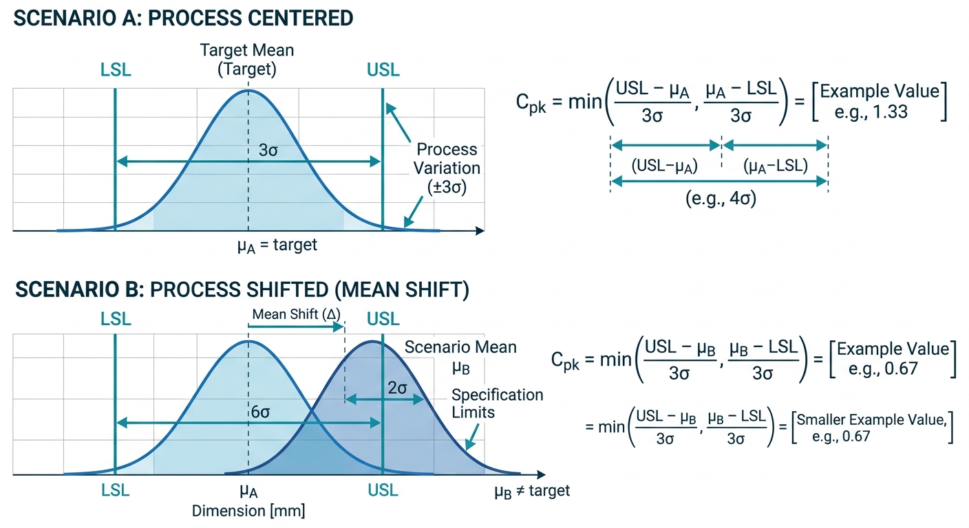 Figure 2: Effect of mean centering shift on Cpk